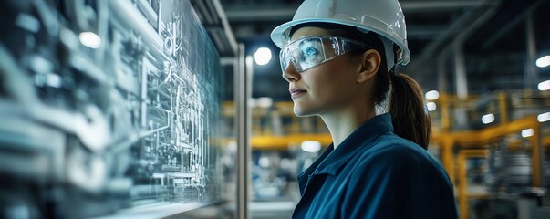 Fototapete - A factory worker reviews a holographic projection of a machines inner workings, showcasing innovative solutions for proactive issue resolution