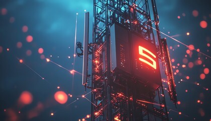 Poster - A futuristic 5G base station receiver mounted on a tall telecommunication tower, surrounded by glowing network connection lines