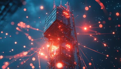 Poster - A futuristic 5G base station receiver mounted on a tall telecommunication tower, surrounded by glowing network connection lines