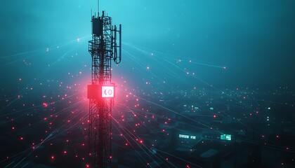 Poster - A futuristic 5G base station receiver mounted on a tall telecommunication tower, surrounded by glowing network connection lines