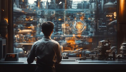 Poster - A futuristic factory scene where a worker observes a holographic visualization of machinery, focusing on proactive maintenance strategies