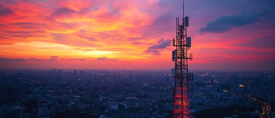 Poster - A robust telecommunication tower with a 5G base station receiver, emanating vivid network connections across a city skyline