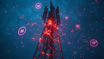 Poster - A towering 5G base station receiver stands tall on a telecommunication tower, surrounded by glowing network connections in the sky