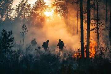 Canvas Print - Firefighters battling a wildfire in a smoky forest at sunset.