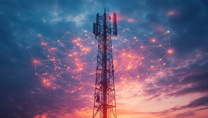 Poster - A towering 5G base station receiver stands tall on a telecommunication tower, surrounded by glowing network connections in the sky