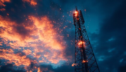 Poster - A towering 5G base station receiver stands tall on a telecommunication tower, surrounded by glowing network connections in the sky