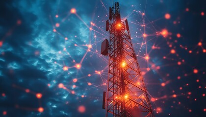 Poster - A towering 5G base station receiver stands tall on a telecommunication tower, surrounded by glowing network connections in the sky