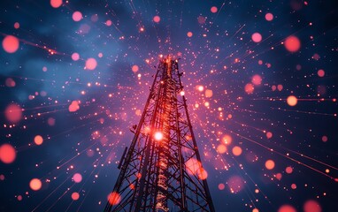 Poster - A towering telecommunication structure with a 5G base station receiver, visualizing network connections radiating across the skies