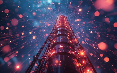 Poster - A towering telecommunication structure with a 5G base station receiver, visualizing network connections radiating across the skies