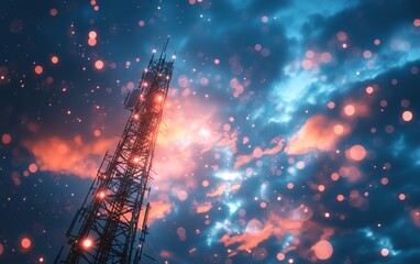 Poster - A towering telecommunication structure with a 5G base station receiver, visualizing network connections radiating across the skies