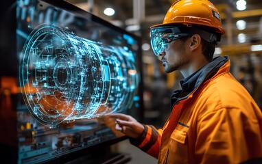 Poster - In an advanced manufacturing environment, a worker examines a holographic display of machine internals, highlighting predictive maintenance innovations