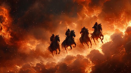 Poster - Four horsemen ride through a fiery, dramatic sky, symbolizing chaos and power.