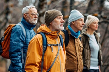 Poster - smiling senior man looking at camera while standing with friends in park