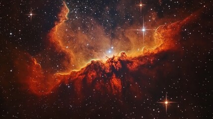 Wall Mural - A glowing nebula cloud in shades of red and gold, with bright stars shining through its translucent gases.