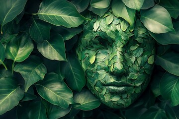 Canvas Print - A face composed of leaves, blending harmoniously with surrounding foliage, symbolizing nature and environmental themes.