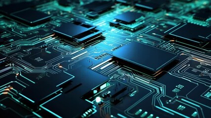 Poster - Futuristic motherboard with glowing bright blue and orange lights transferring data across its surface, illustrating the power of modern computing