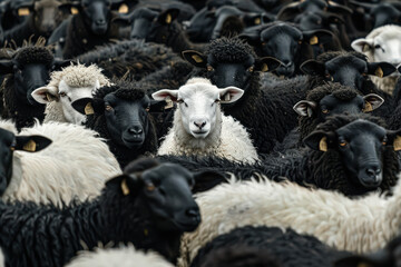 Herd of sheep with one white sheep standing out