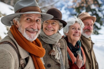 Wall Mural - Portrait of happy senior couple with their family in winter park.