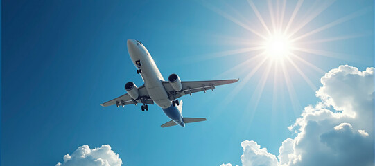 Airplane after departure on its way to the destination in front of cloudy sky, Passenger and goods transportation in aviation