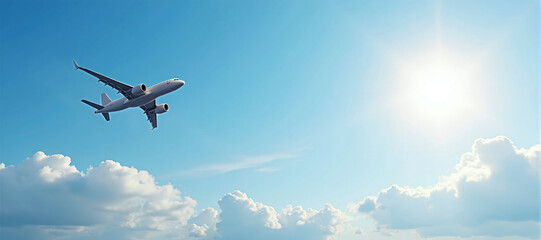 Airplane after departure on its way to the destination in front of cloudy sky, Passenger and goods transportation in aviation