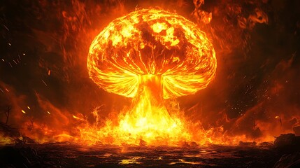 Sticker - A dramatic depiction of a fiery mushroom cloud, symbolizing destruction and chaos.