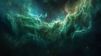 Wall Mural - A nebula with swirling green and blue gases, creating intricate cosmic shapes against the stars.