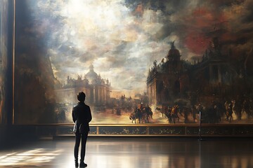 Poster - A person gazes at a large, dramatic painting in an art gallery, evoking a sense of wonder and contemplation.