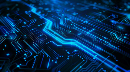 Fototapete - 3d abstract futuristic technology background with thin glowing neon laser blue lines on circuit board. Minimalistic science presentation pattern. datum computer 