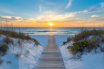 Wall Mural - A serene beach pathway leading to a vibrant sunset over the ocean.