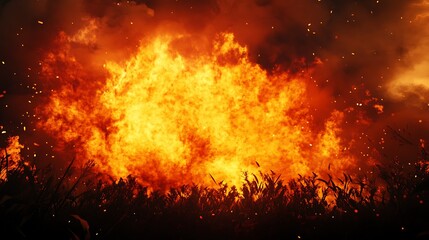 A large fire blazing in a field with bright flames and sparks flying.