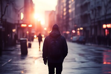 Wall Mural - A lone figure walks down a city street at sunset, creating a reflective and serene atmosphere.