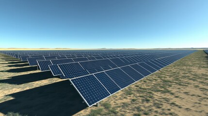 A solar farm with rows of panels collecting energy from the sun, promoting renewable resources.