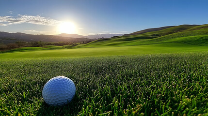 Wall Mural - A golf ball on lush green grass with a sunset backdrop.