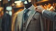 © phattharabodin - A tailor adjusting the fit of a custom jacket on a mannequin, focusing on the craftsmanship of tailoring.