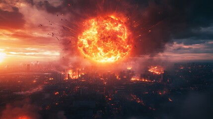 Poster - A dramatic scene depicting a fiery explosion over a cityscape at sunset.