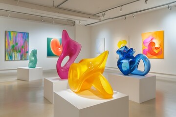 Poster - A contemporary art gallery featuring colorful abstract sculptures and vibrant paintings.