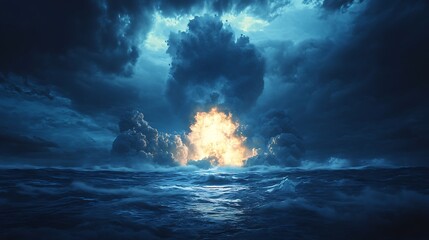 Poster - A dramatic scene of an explosion illuminating a stormy ocean under a dark, cloudy sky.