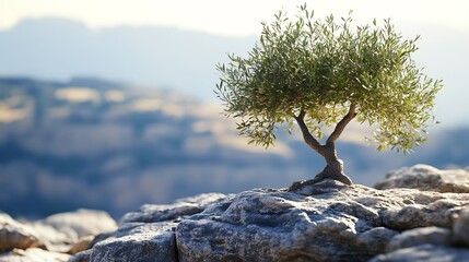 Sticker - A solitary olive tree grows on a rocky surface, showcasing resilience in a serene landscape.