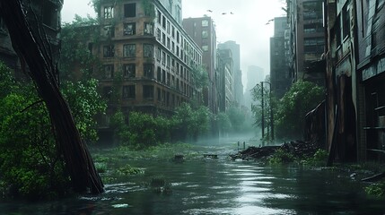 Poster - A desolate urban landscape overrun by nature, showcasing decay and tranquility in a flooded city.