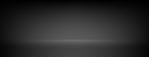 Black studio shelf background. Dark room scene surface. Limbo esthetic backdrop for poster, banner, display, mockup, presentation template, showcase, product design. Vector grey wallpaper