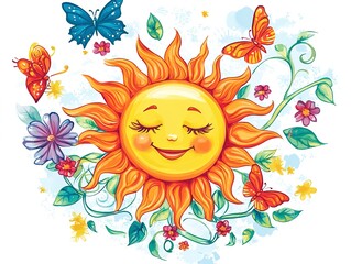 Canvas Print - Colorful clipart of a happy sun with butterflies and flowers. on white background 