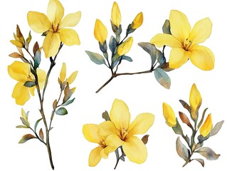 Sticker - Set of Forsythia flowers watercolor clipart isolated on white background 