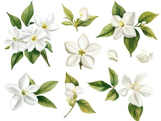 Wall Mural - Set of jasmine flowers watercolor clipart isolated on white background