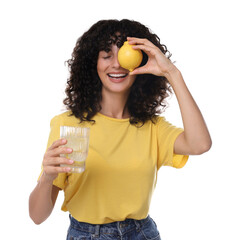 Sticker - Woman with glass of lemon water and fruit on white background