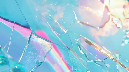 Wall Mural - Artistic depiction of shattered glass crystals over an iridescent surface creating a dreamy, colorful effect.