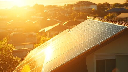 Wall Mural - Modern Solar Panels on a roof of house with sunlight. 