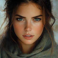 Close-up Portrait of a Woman with Green Eyes and Freckles