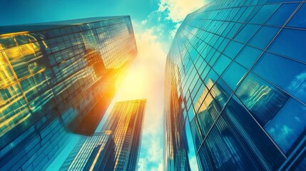 Aufkleber - business and financial skyscraper buildings concept. Low angle view and lens flare of skyscrapers modern office building city in business center with blue sky. - 
