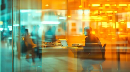 Poster - Blurred office with people working behind glass wall  