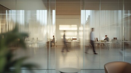 Canvas Print - Blurred office with people working behind glass wall 